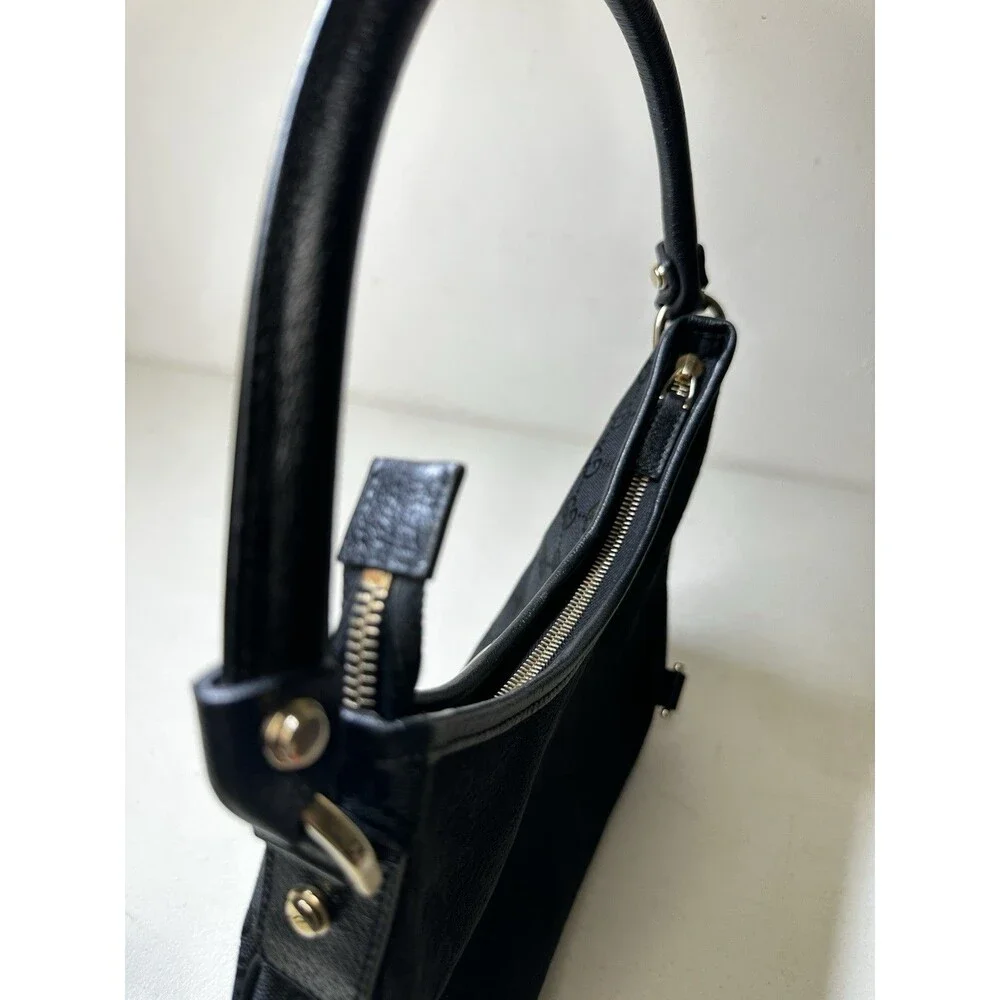 Gucci Vintage Abbey Hobo Bag Black GG Canvas Leather Trim D-Ring